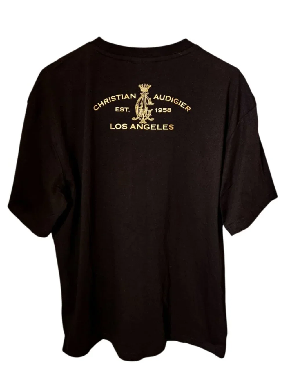 Christian Audigier Good Luck Shirt Large Black Crew Neck Graphic Rhinestones New